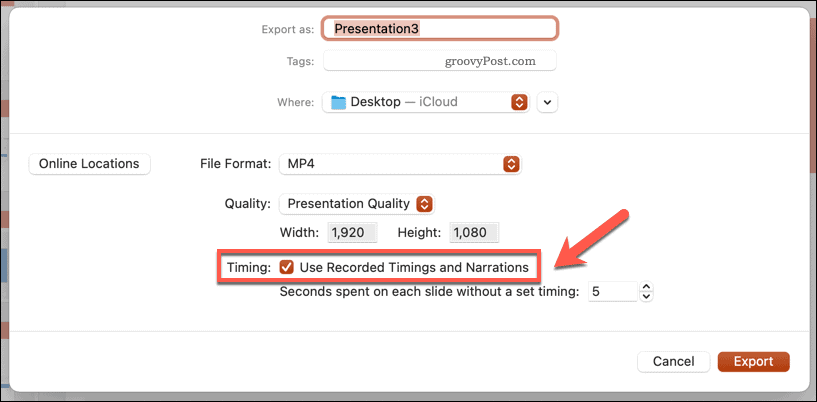 Utilizzo dei tempi registrati per un video esportato in PowerPoint su Mac