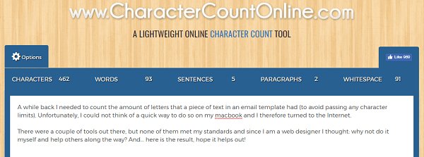 Usa CharacterCountOnline.com per contare caratteri, parole, paragrafi e altro.