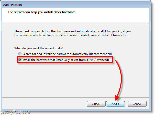 Schermata di rete di Windows 7: fare clic sull'installazione dell'hardware selezionato manualmente nell'elenco forma (Avanzate)