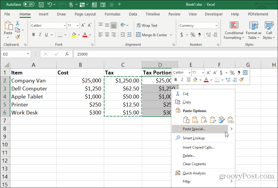 incolla speciale in Excel