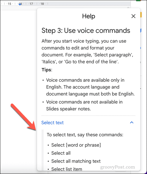 Menu di aiuto per la digitazione vocale in Google Documenti