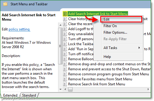 fai clic sul collegamento Aggiungi ricerca Internet per avviare il menu, quindi fai clic sull'opzione di modifica dal menu contestuale di Windows 7