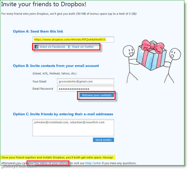 Schermata di Dropbox: molti modi per condividere i tuoi inviti su Dropbox