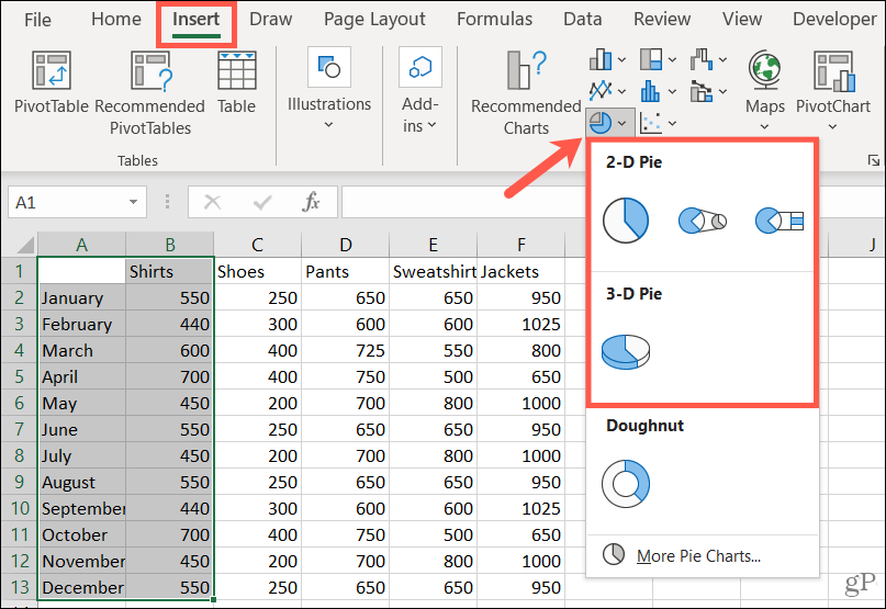 Scegli uno stile per creare un grafico a torta in Excel