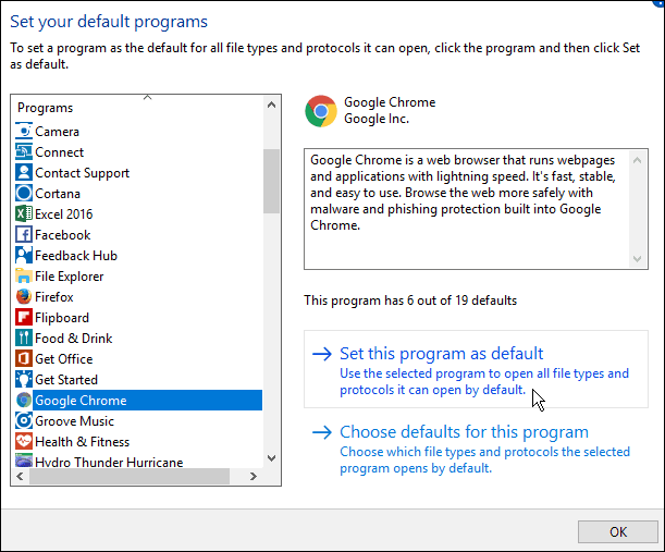 Modifica il browser predefinito nell'aggiornamento dell'anniversario di Windows 10