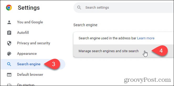 Fai clic su Gestisci motori di ricerca e ricerca nel sito nella schermata Motore di ricerca in Chrome