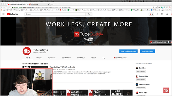 Dusty Porter passa a uno screencast che lo mostra nell'angolo in basso a sinistra e un'immagine più grande dello schermo del suo computer, che mostra la pagina del canale YouTube di TubeBuddy.
