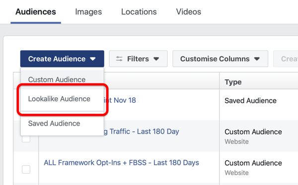 Opzione per creare un pubblico simile a Facebook in Crea pubblico in Facebook Ads Manager.