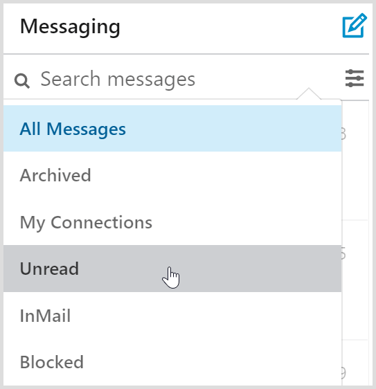 I filtri della posta in arrivo della messaggistica di LinkedIn includono un filtro dei messaggi non letti.