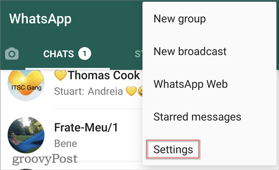 menu a tema scuro di Whatsapp