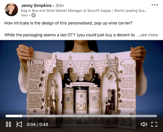 esempio di un video linkedin di jenny simpkins che mostra come utilizzare la confezione dettagliata incorporata di una confezione di vino per fare colpo