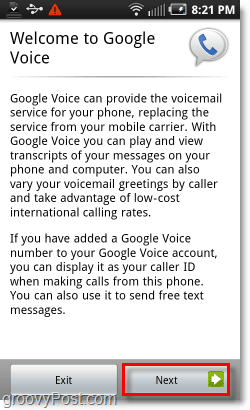 Schermata di benvenuto di Google Voice su Android Mobile