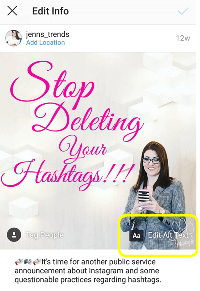 Come aggiungere il testo alternativo ai post di Instagram, passaggio 6, opzione per modificare il testo alternativo per il tuo post pubblicato