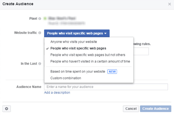 Dal menu Traffico del sito web, scegli chi desideri includere nel tuo pubblico personalizzato di Facebook.