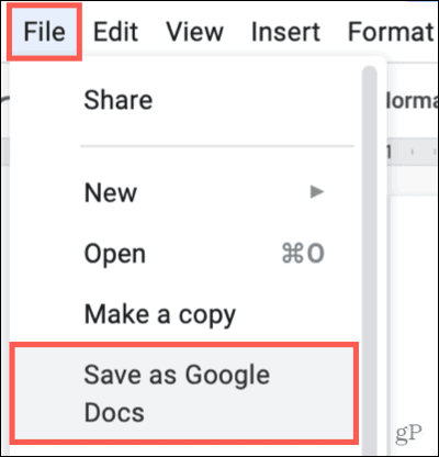 Fai clic su File, Salva come Google Docs