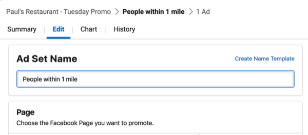 modificare il campo Nome set di annunci in Facebook Ads Manager