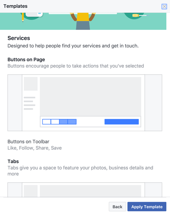 Diversi modelli di pagina Facebook hanno diversi CTA, pulsanti della barra degli strumenti e schede scelti e organizzati in modo specifico per il tipo di attività.