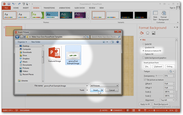 Modello di Office 2013 Crea Crea disegno personalizzato POTX Personalizza diapositive Tutorial Come visualizzare la trama delle foto Riempi Importa file degli Appunti