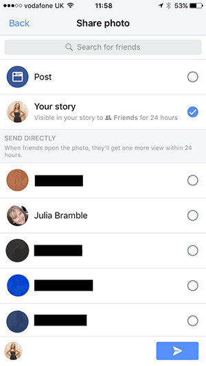 Scegliere dove pubblicare il contenuto della tua storia di Facebook.