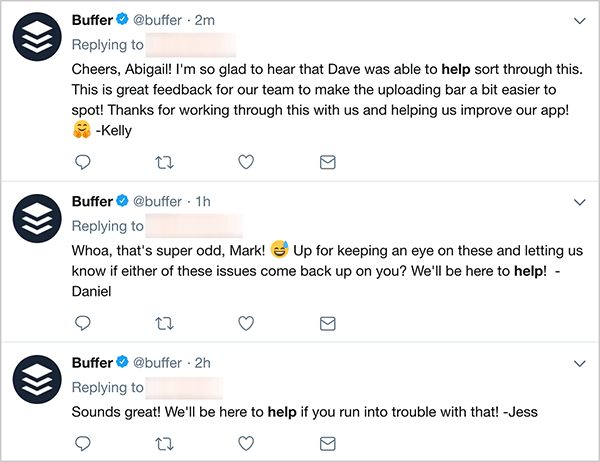 Questo è uno screenshot di tre tweet del servizio clienti da Buffer. Il primo tweet dice: "Salute, Abigail! Sono così felice di sentire che Dave è stato in grado di aiutare a risolvere questo problema. Questo è un ottimo feedback per il nostro team per rendere la barra di caricamento un po 