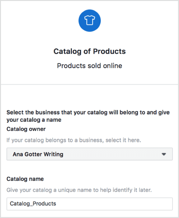 Seleziona la pagina a cui appartiene il tuo catalogo e assegna un nome al catalogo in Shopify.
