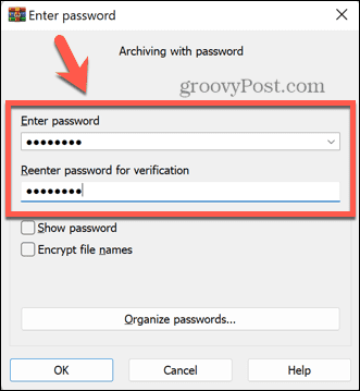 imposta la password winrar