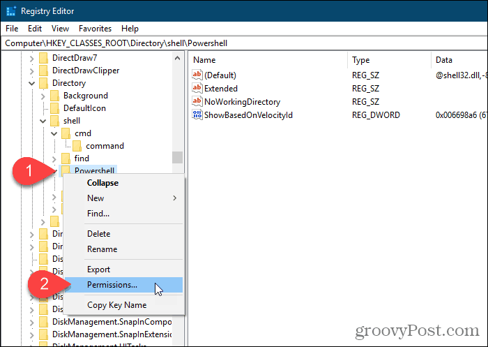 Selezionare le autorizzazioni per la chiave Powershell nell'editor del registro di Windows