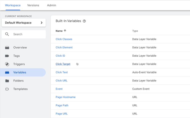 esempio di area di lavoro dashboard di google tag manager con variabili selezionate e diverse variabili di esempio mostrate con il tipo annotato per ciascuna