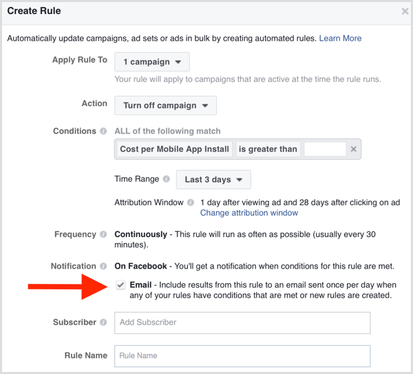 Notifica e-mail delle regole automatizzate di Facebook Ads Manager