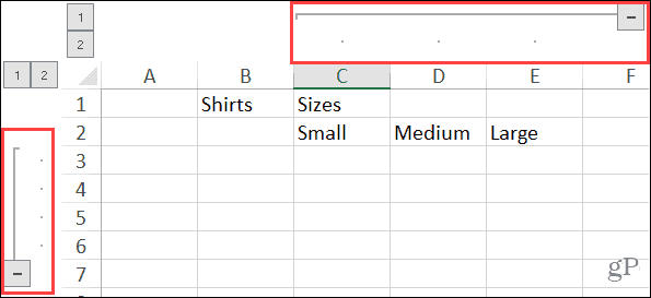 Colonne e righe raggruppate espanse in Excel su Windows