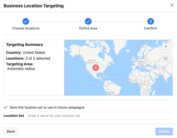 Conferma il targeting impostato per località per il tuo annuncio Facebook.