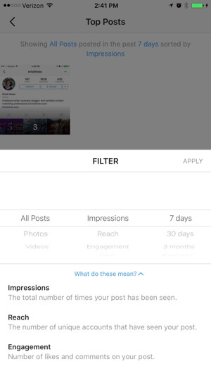 filtro di approfondimenti del profilo aziendale di Instagram