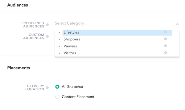 Snapchat ti consente di scegliere il pubblico da quattro categorie predefinite.
