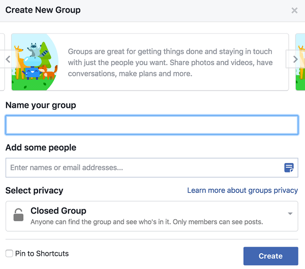 Assegna un nome al tuo gruppo, aggiungi persone e decidi l'impostazione della privacy.