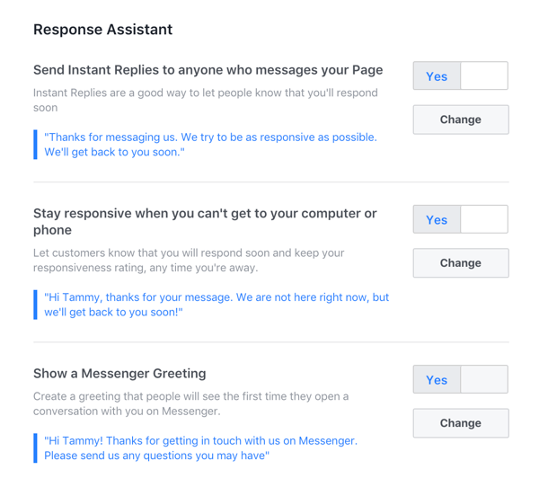 Configura le risposte quto che desideri utilizzare per la tua pagina aziendale di Facebook.