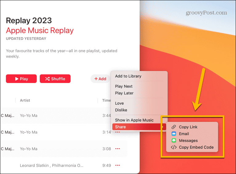 opzioni di condivisione della musica Apple