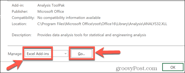 Excel gestisce i componenti aggiuntivi