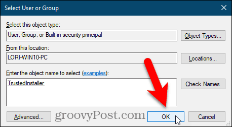 Chiudi la finestra di dialogo Seleziona utente o gruppo nell'editor del registro di Windows