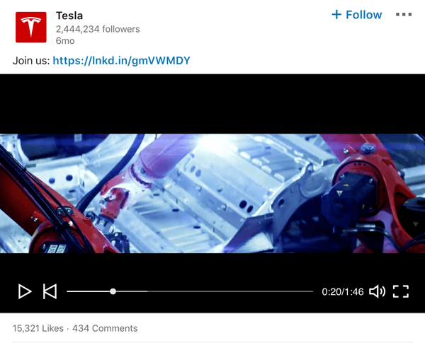 Esempio di post video della pagina aziendale di Tesla LinkedIn.
