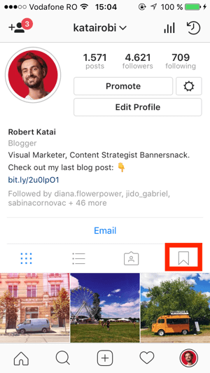 Per creare una raccolta, vai al tuo profilo Instagram e tocca l'icona Segnalibro.