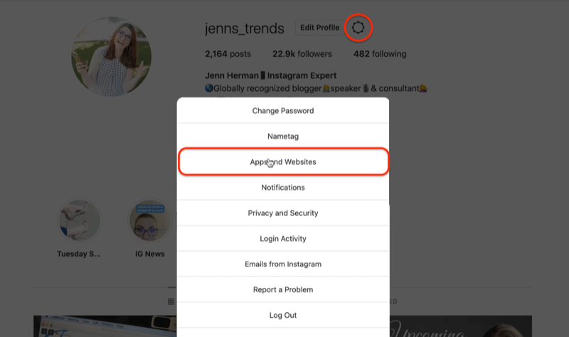 icona dell'ingranaggio del profilo di instagram modifica le opzioni del menu delle impostazioni evidenziando l'opzione app e siti web