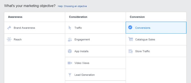 Strategia di social media marketing; Screenshot dell'obiettivo Conversioni all'interno di Facebook Ads Manager.