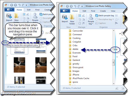 Ridimensiona il riquadro di navigazione nella Raccolta foto di Windows Live