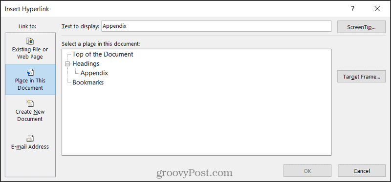 Collegamento a una posizione del documento in Word su Windows