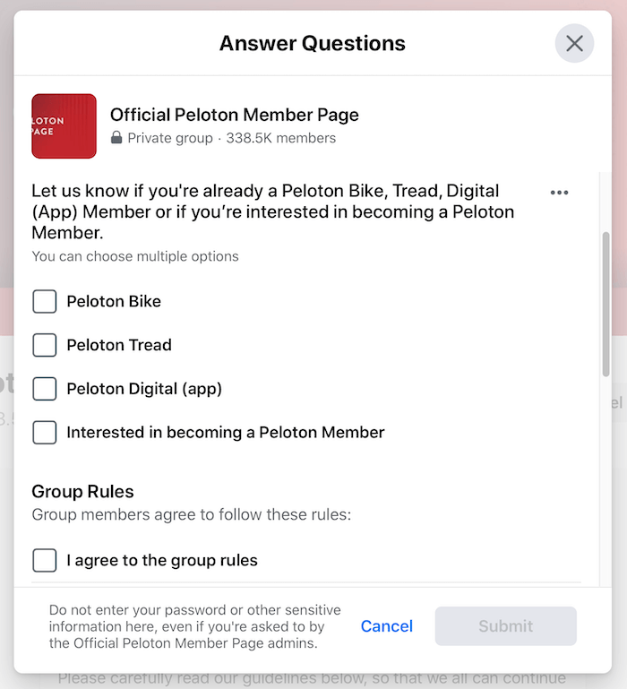 esempio di domande di screening di gruppo su Facebook per il gruppo di pagine ufficiale dei membri del gruppo