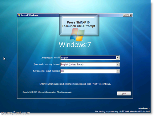 Installazione di Windows 7: avvia il prompt CMD usando Shift + F10