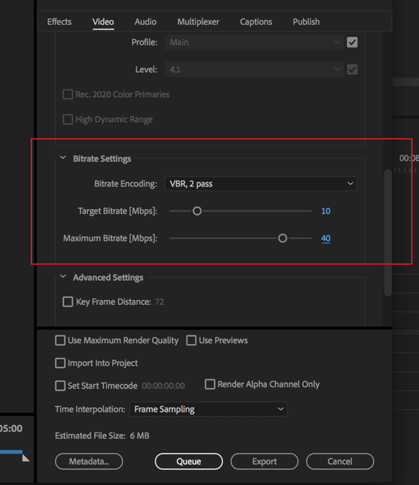Impostazione per modificare il bitrate sull'esportazione di video Adobe Premier Pro.