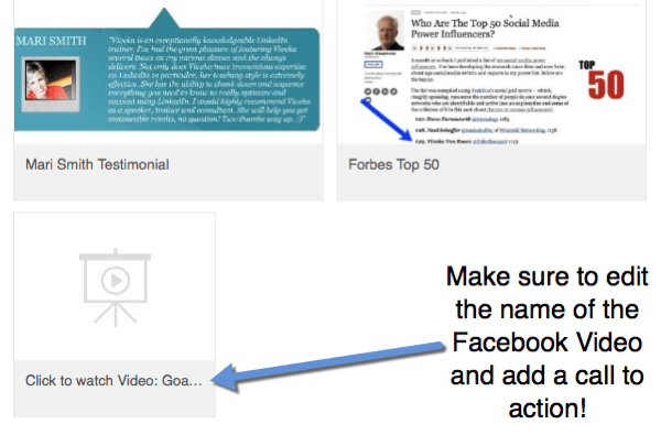 Quando aggiungi collegamenti video di Facebook al tuo profilo, modifica il titolo per includere un invito all'azione per guardare il video.
