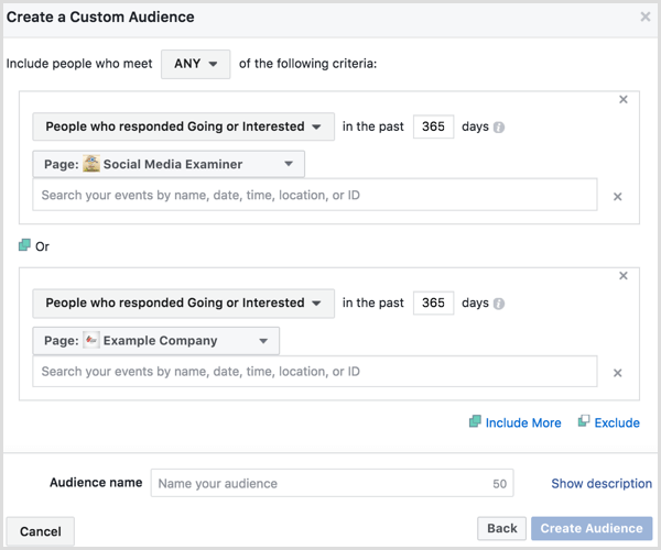 Facebook Ads Manager crea un pubblico personalizzato in base al coinvolgimento dell'evento
