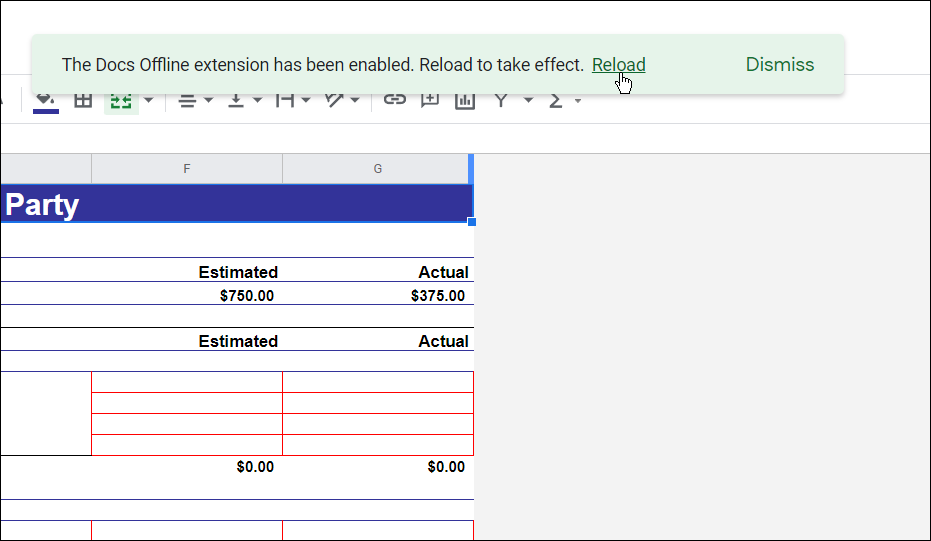 ricaricare per completare l'installazione dell'estensione utilizzare Google Docs offline